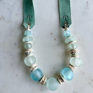 Twine and Twig Mid Length Necklace - Green Suede with Light Blue and Aqua Beads